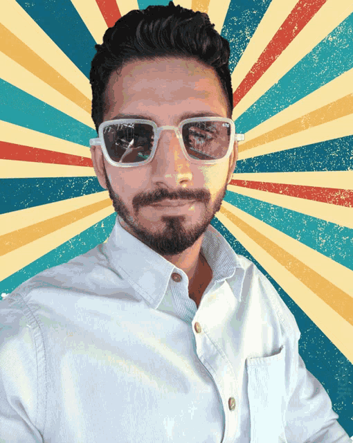 a man with a beard wearing sunglasses and a white shirt against a colorful background