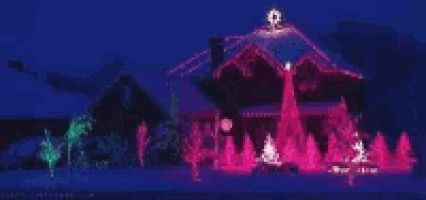 a house is lit up with christmas lights and trees