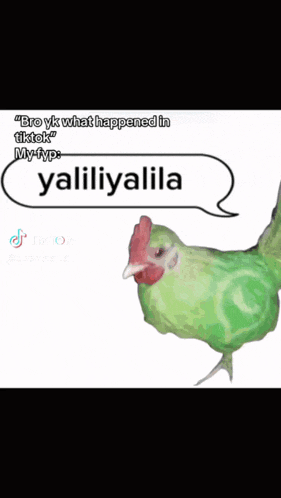 a green chicken with a speech bubble that says " bro vk what happened in tik tok "