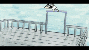 a drawing of a person jumping off a dock into a body of water