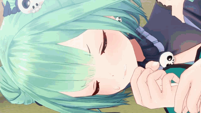 a green haired anime character with a skull on her head