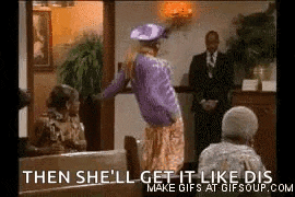 a woman in a purple dress and hat is standing in a church and says `` then she 'll get it like dis '' .