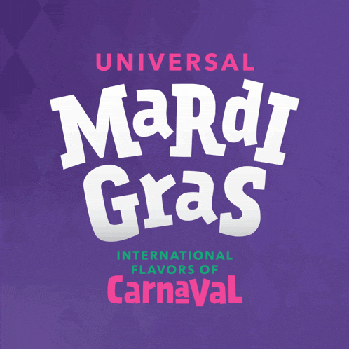 a purple background with the words universal mardi gras international flavors of carnaval on it