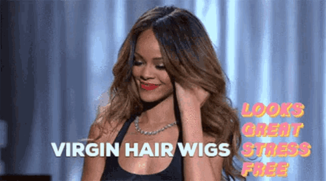 a woman with long hair is smiling and holding her hair with the words virgin hair wigs looks great stress free .