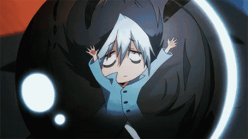 a cartoon character is standing in front of a black object with his hands outstretched .