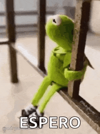 kermit the frog is sitting on a railing holding onto a railing and waiting .