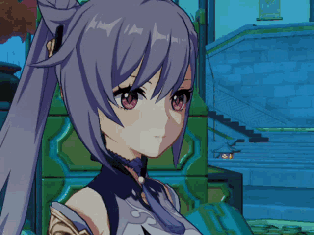 a girl with purple hair and pink eyes is standing in front of stairs