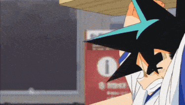 a cartoon character with a blue star on his head is standing in front of a sign that says information