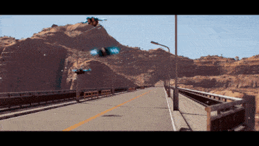 a computer generated image of a bridge with a mountain in the background