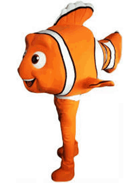 a clown fish mascot costume is standing on a white surface .