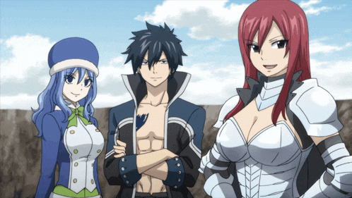 three anime characters standing next to each other with one wearing a white dress