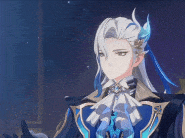 a man with long white hair and blue feathers on his head