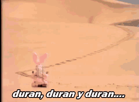 a pink bunny is standing in the middle of a desert with the words duran duran y duran above it