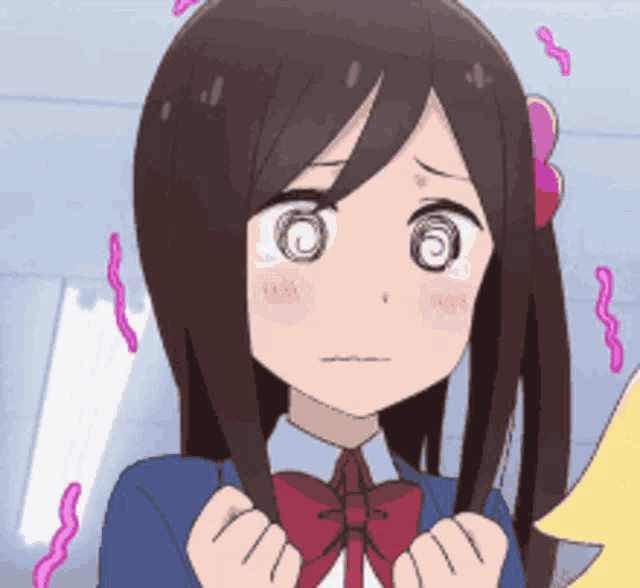 a girl with brown hair and a red bow tie is making a surprised face