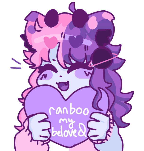 a drawing of a girl holding a purple heart that says ranboo my beloved
