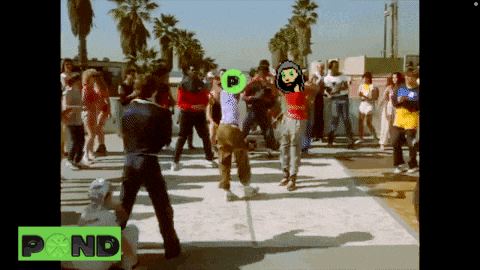 a video of a group of people dancing with the word pond in the corner