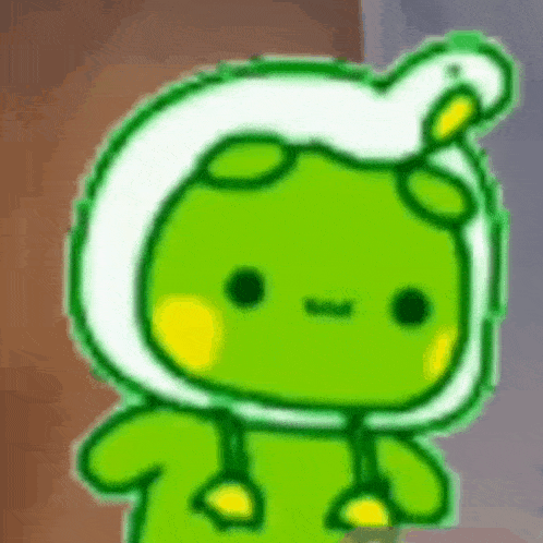 a green cartoon character wearing a white hat with a duck on it .