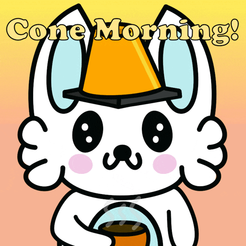 a cartoon bunny wearing a cone hat and holding a cup says cone morning