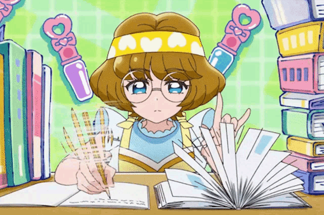 a girl with glasses is sitting at a desk with books