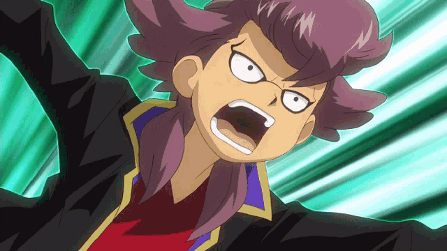 a cartoon character with purple hair and a black jacket