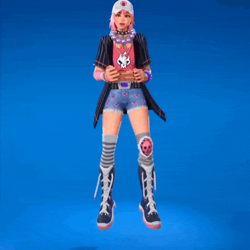 a girl with pink hair is wearing a hat and knee pads