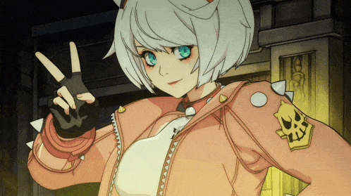 a girl with white hair and blue eyes is giving the peace sign