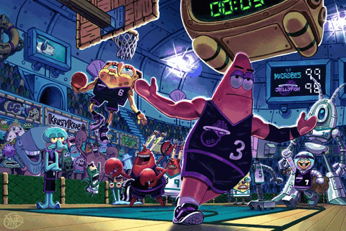 a cartoon of spongebob and patrick playing basketball with microbes jellyfish on the scoreboard