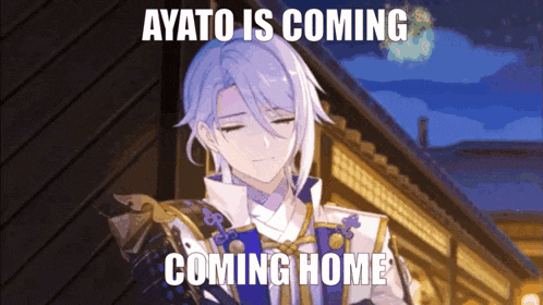 a cartoon of a man with white hair and the words ayato is coming coming home