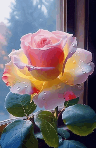 a pink and yellow rose with water drops on the petals