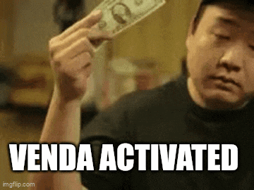 a man is holding a dollar bill in his hand with the words venda activated below him .