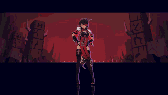a cartoon drawing of a woman in a red and black outfit