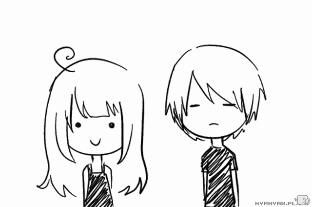 a black and white drawing of a boy and a girl with nyannyan.pl written below them