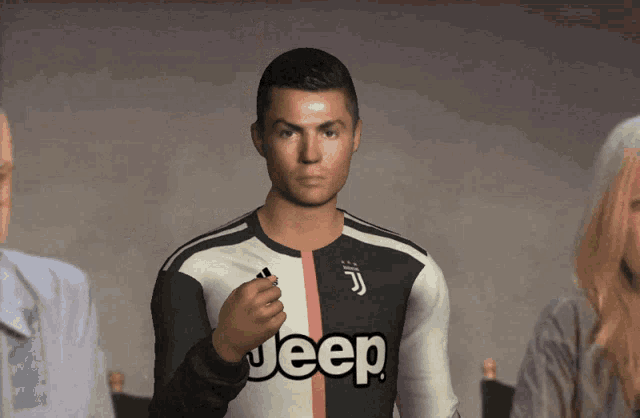 a man wearing a jeep jersey stands in a crowd