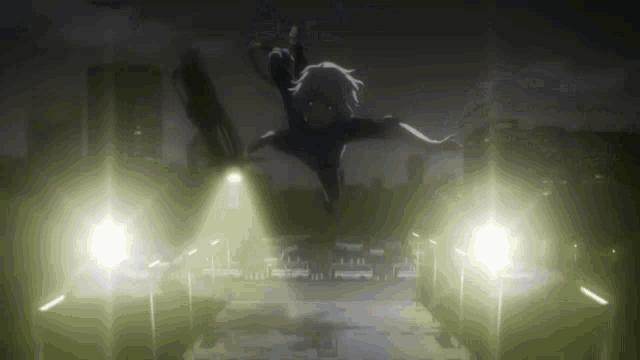 a cartoon character is flying through the air in front of a city