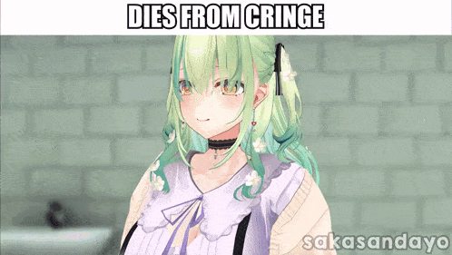 a picture of a girl with green hair and the words dies from cringe on the bottom