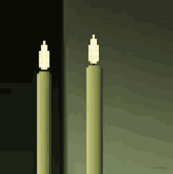 a pixel art of two green candles with a reflection of them in a mirror