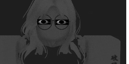 a black and white drawing of a girl wearing glasses with big eyes