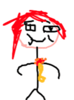 a stick figure with red hair is holding a yellow object
