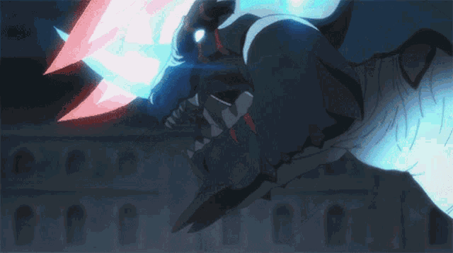 a drawing of a dragon with a red and blue sword