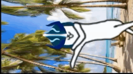 a drawing of a cat laying on the beach with palm trees in the background