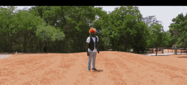 a man in an orange wig stands on a dirt hill