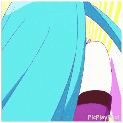 a girl with blue hair and purple eyes is smiling with her mouth wide open .