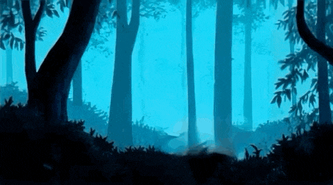 a painting of a foggy forest at night with trees silhouetted against the blue sky .