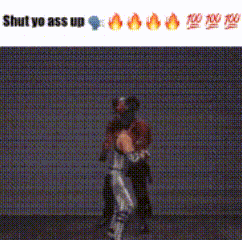 a man is kneeling down next to another man with the words shut yo ass up