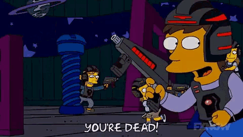 a cartoon of bart simpson holding a gun and saying " you 're dead "