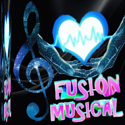 a poster that says fusion musical with a heart and a treble clef
