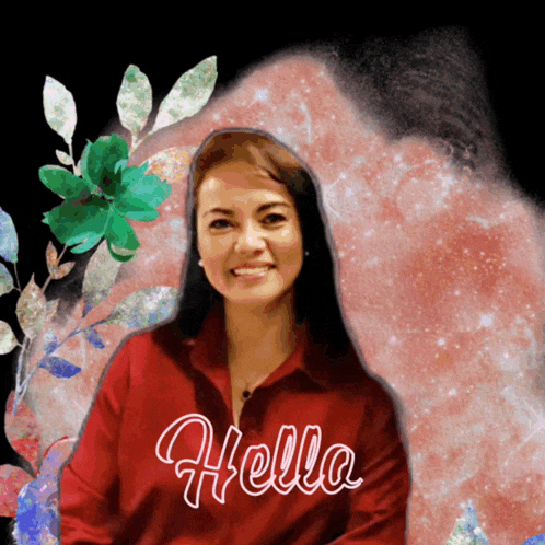 a woman wearing a red shirt with the word hello on it
