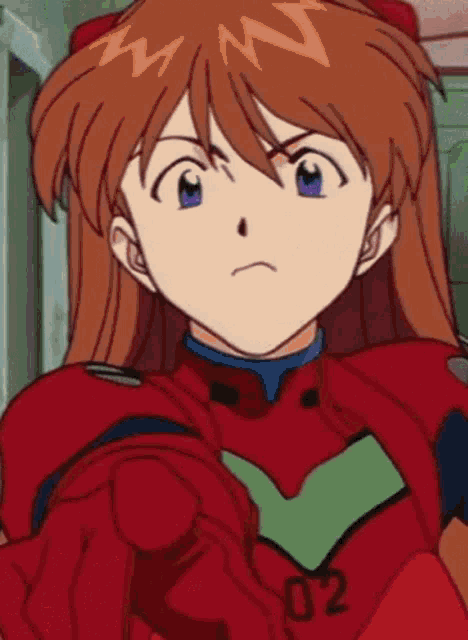 a close up of a cartoon character wearing a red suit with the number 02 on her chest .