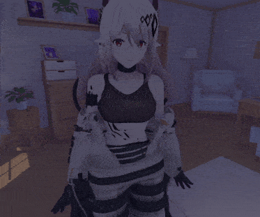 a girl with horns on her head stands in a room