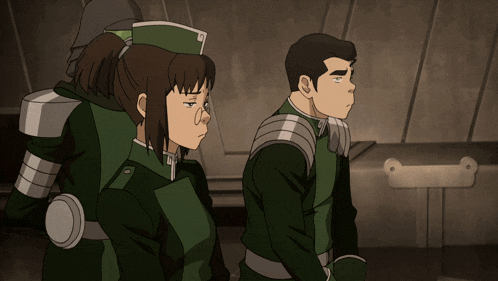 a man and a woman are standing next to each other in a cartoon